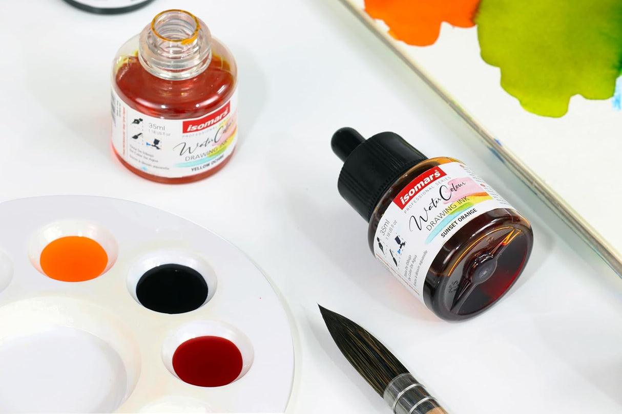 Isomars Water Color Ink Set of 12 Vibrant Professional Liquid Watercolors (35ml Bottles) with Droppers - Transparent Inks for Calligraphy, Illustration, Airbrushing & Painting