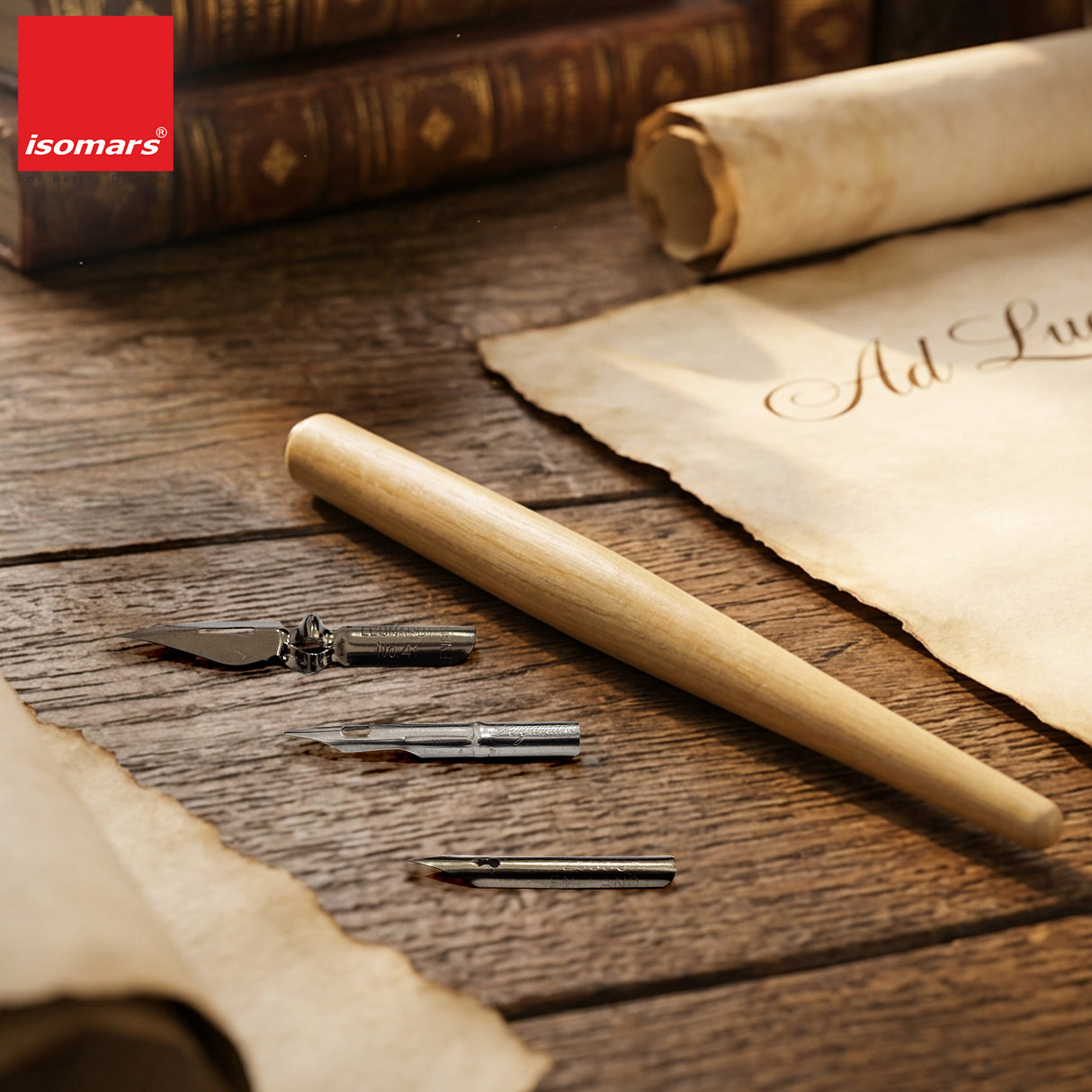 Isomars Wooden Calligraphy Pen Holder with English nib, mapping nib & flex nib for calligraphy, lettering, sketching and artistic writing