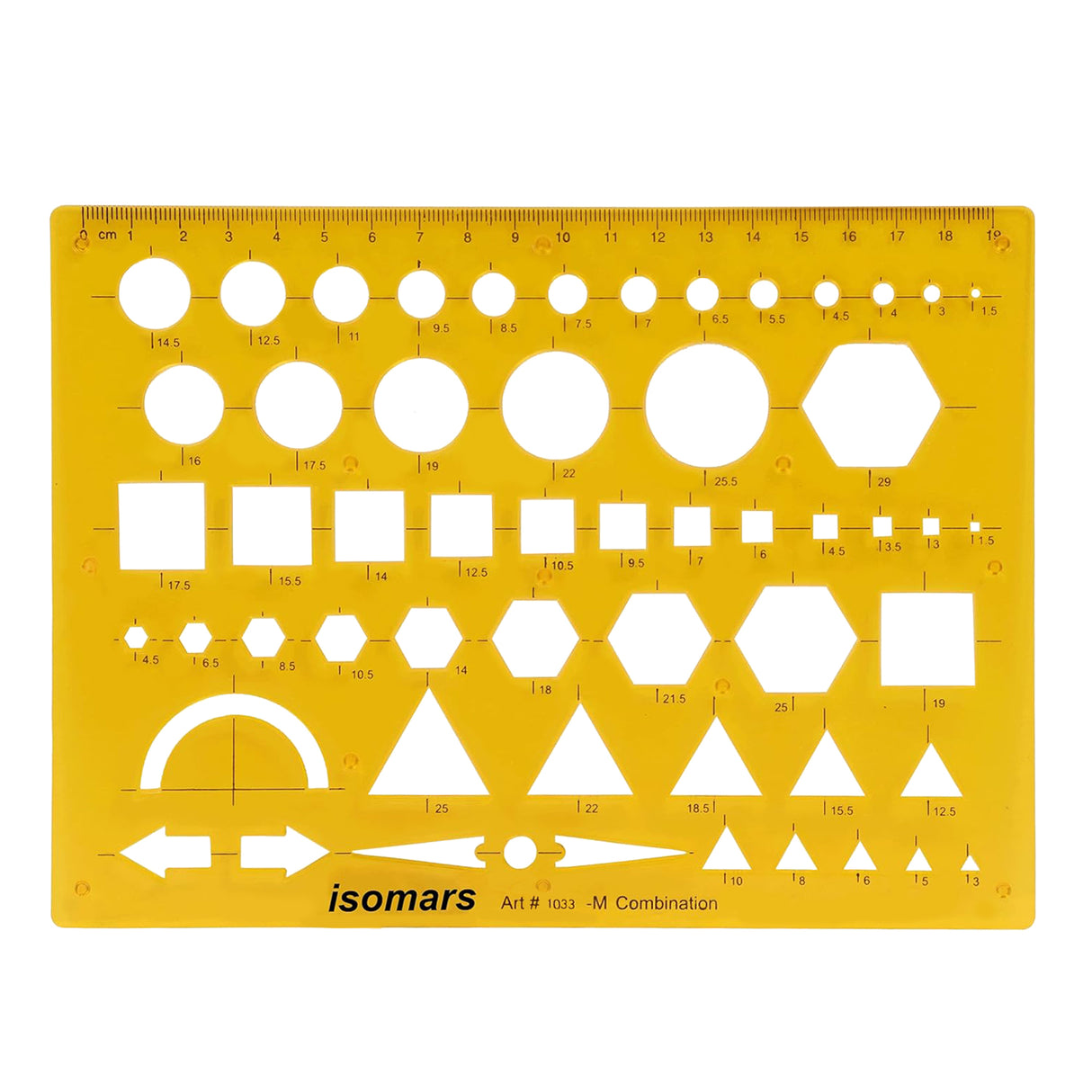 Isomars Geometric Combination Template Ruler | Multi-Shape Drawing & Drafting Stencil with Circles, Squares, Triangles, Hexagons, Arrows & Metric Scale for Architects, Engineers, Designers & Students