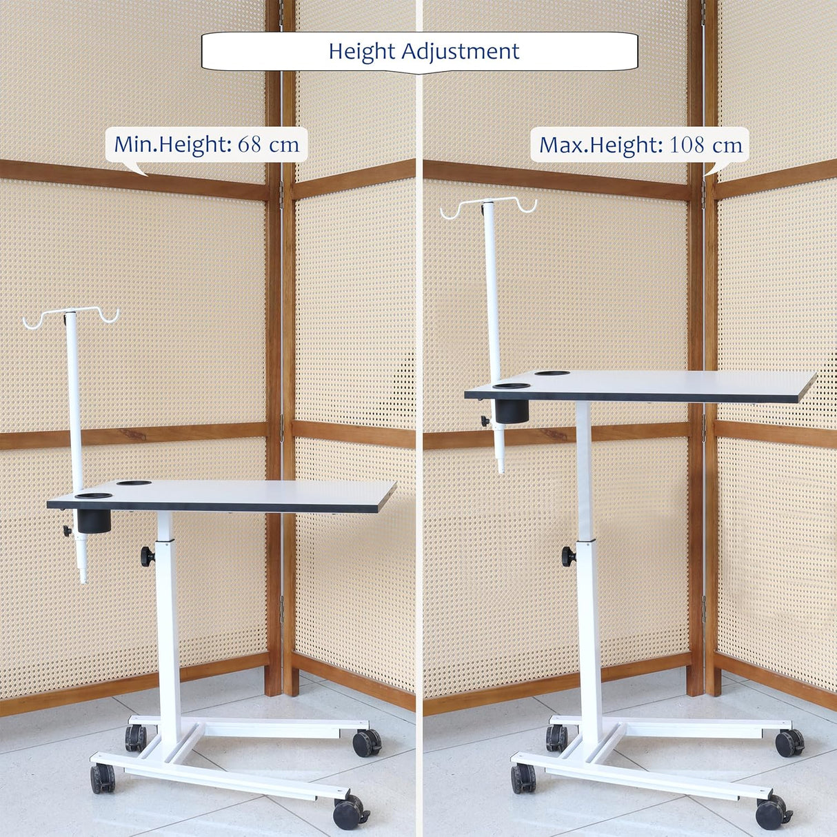 Isomars Overbed Table with Saline Stand | Adjustable Bedside Table with Wheels | Adjustable Height | Hospital Bedside Table with Lockable Wheels Best for Breakfast in Hospital and Home.
