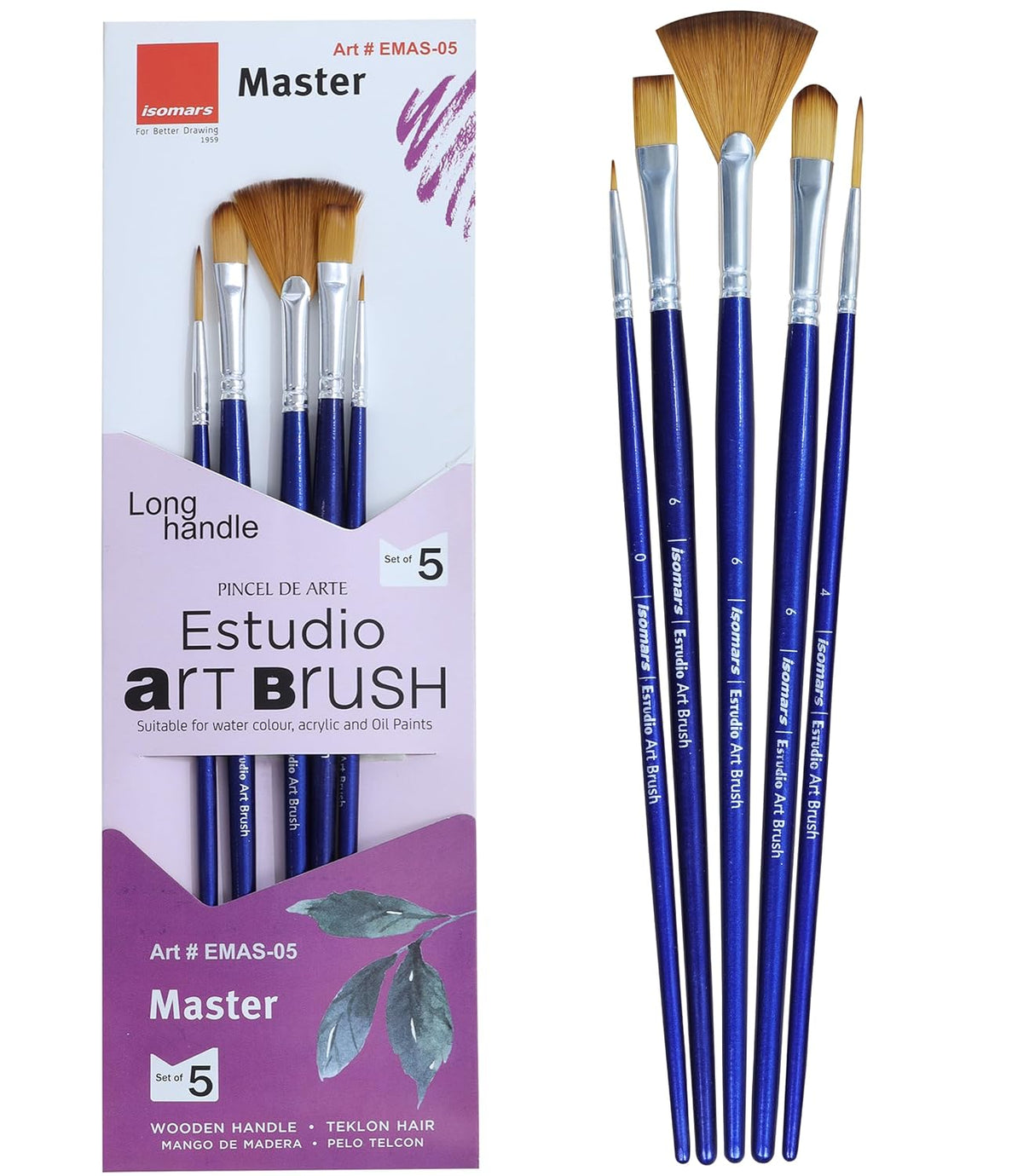 Isomars Estudio Art Brush Set of 5 | Professional Synthetic Long Handle Paint Brushes for Acrylic, Watercolor & Oil Painting | Flat, Fan, Oval, Round & Detail Artist Brushes for Blending, Shading & Fine Detailing