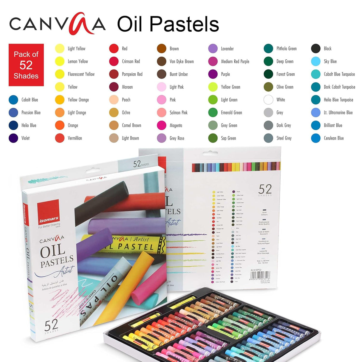 Isomars Oil Pastels, 52 Vibrant Shades, Professional Artist Drawing Set
