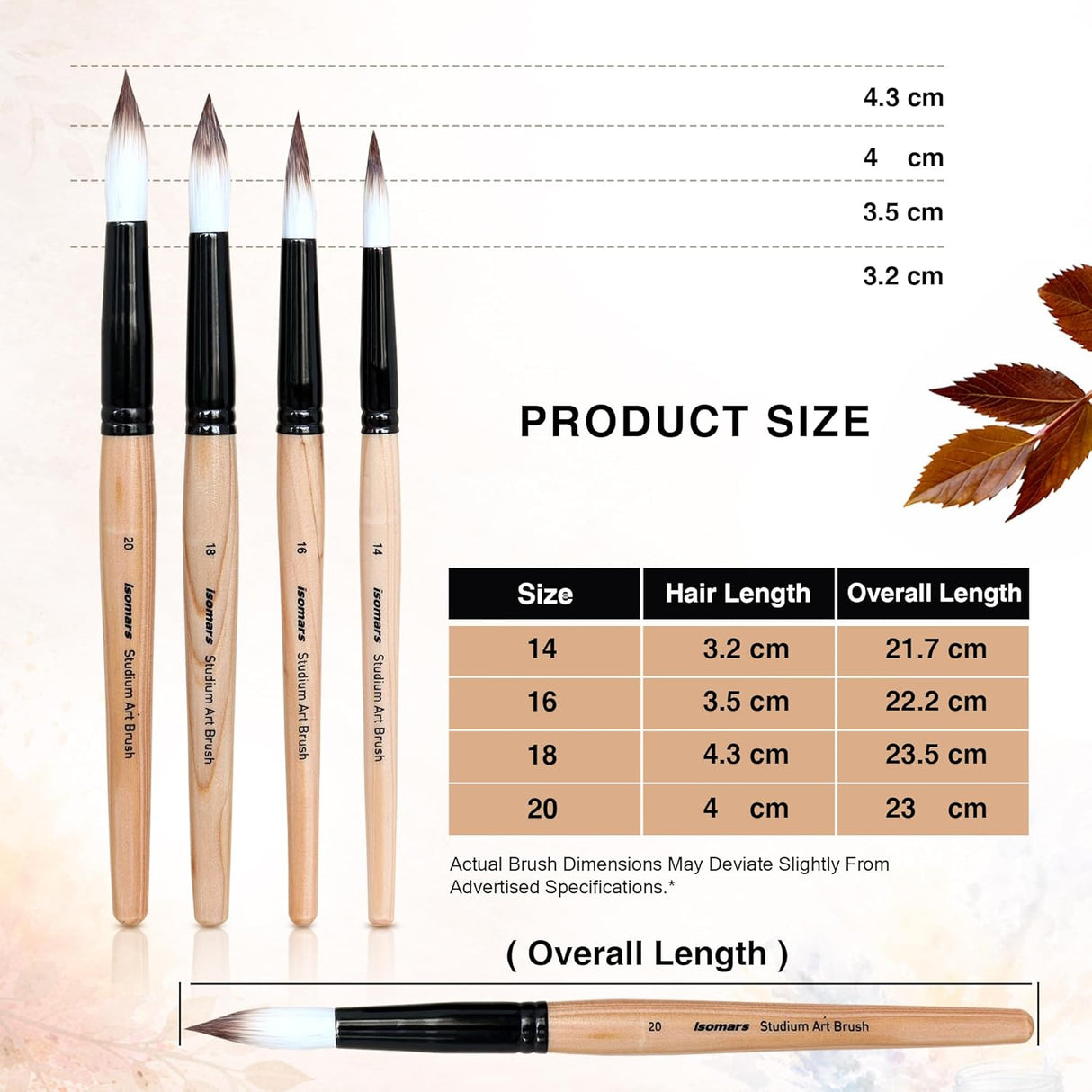 Isomars Studium Mop Brush Set of 4 - Professional Synthetic Hair Round Paint Brushes for Watercolor, Gouache, Acrylic, Ink & Oil Painting - Natural Wooden Handle Art Brushes (Sizes 14, 16, 18, 20)