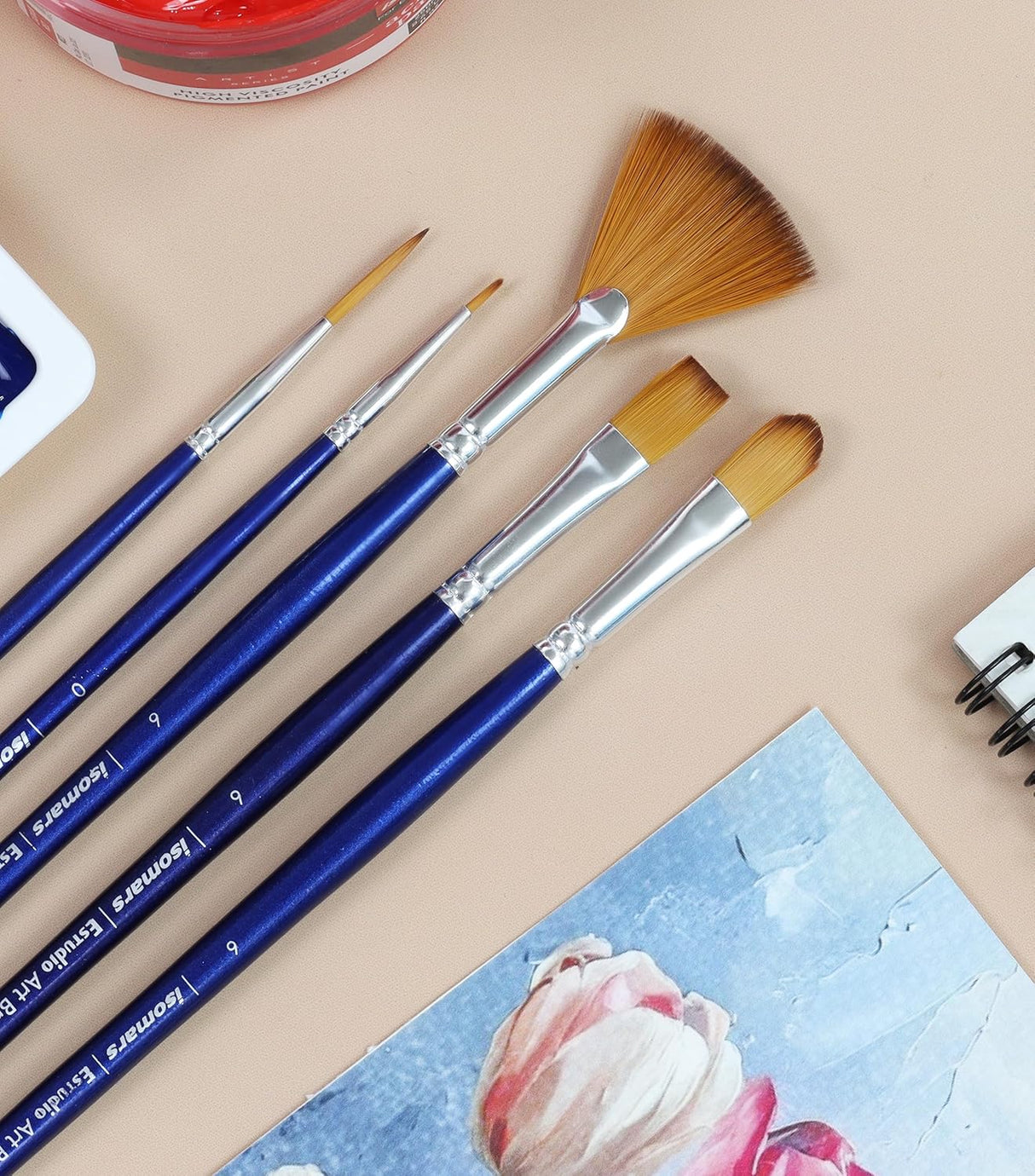 Isomars Estudio Art Brush Set of 5 | Professional Synthetic Long Handle Paint Brushes for Acrylic, Watercolor & Oil Painting | Flat, Fan, Oval, Round & Detail Artist Brushes for Blending, Shading & Fine Detailing