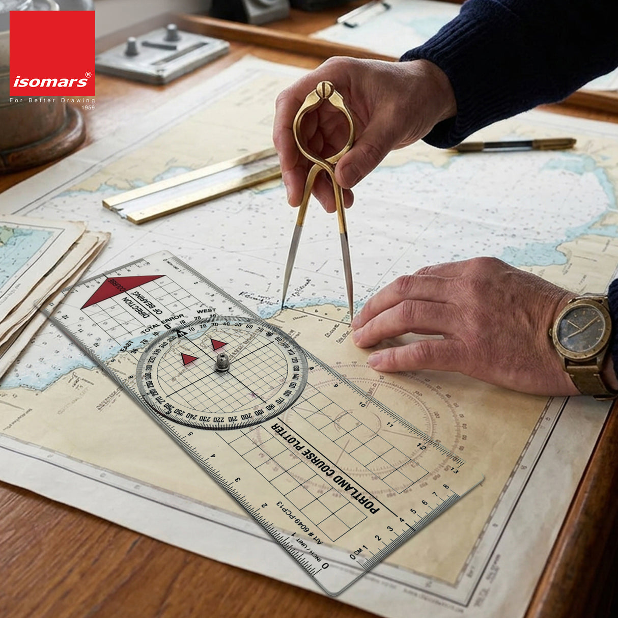 Isomars Marine navigation set with Portland course plotter and brass divider for accurate chart plotting and distance transfer