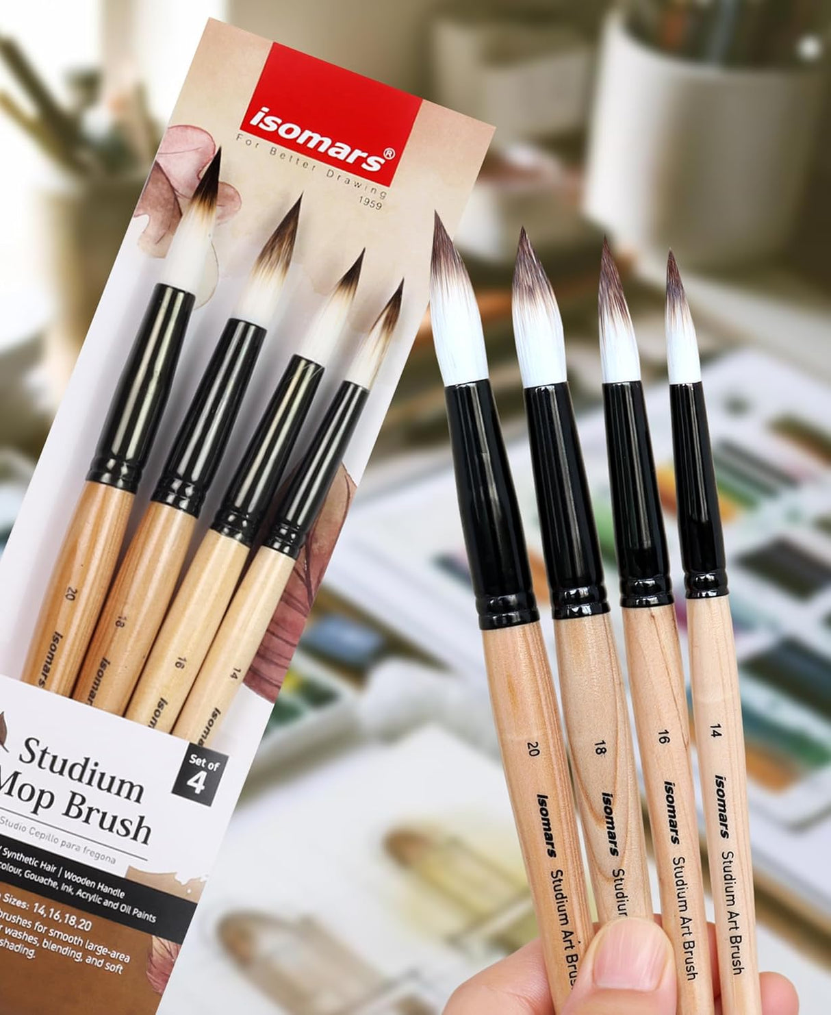 Isomars Studium Mop Brush Set of 4 - Professional Synthetic Hair Round Paint Brushes for Watercolor, Gouache, Acrylic, Ink & Oil Painting - Natural Wooden Handle Art Brushes (Sizes 14, 16, 18, 20)