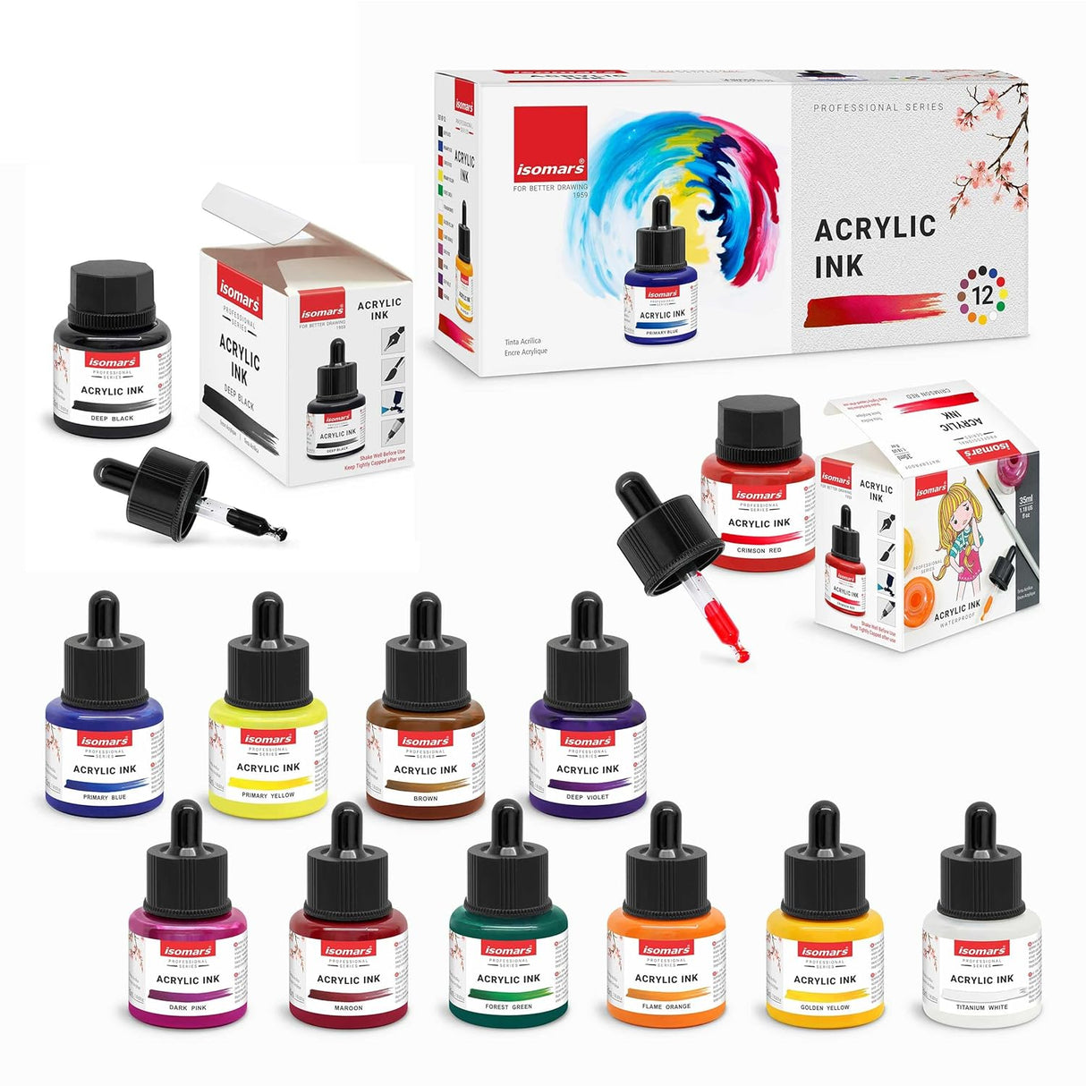 Isomars Acrylic Inks with Dropper- Set of 12 Colors - Professional