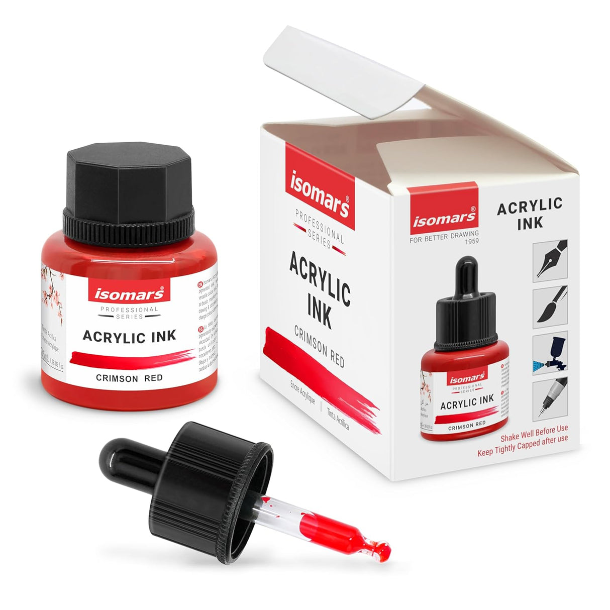 Isomars Acrylic Inks with Dropper- Set of 12 Colors - Professional