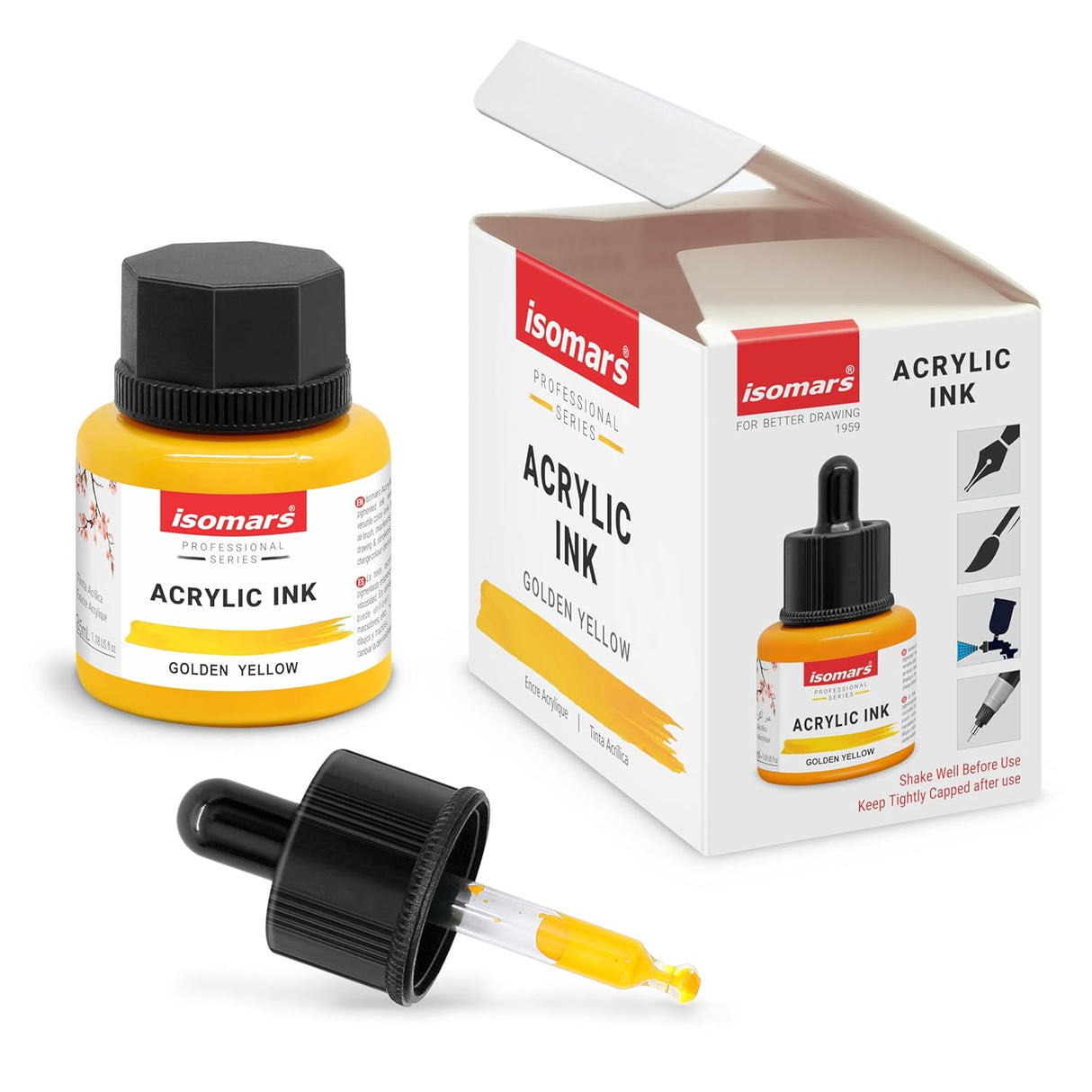 Isomars Acrylic Inks with Dropper- Set of 12 Colors - Professional