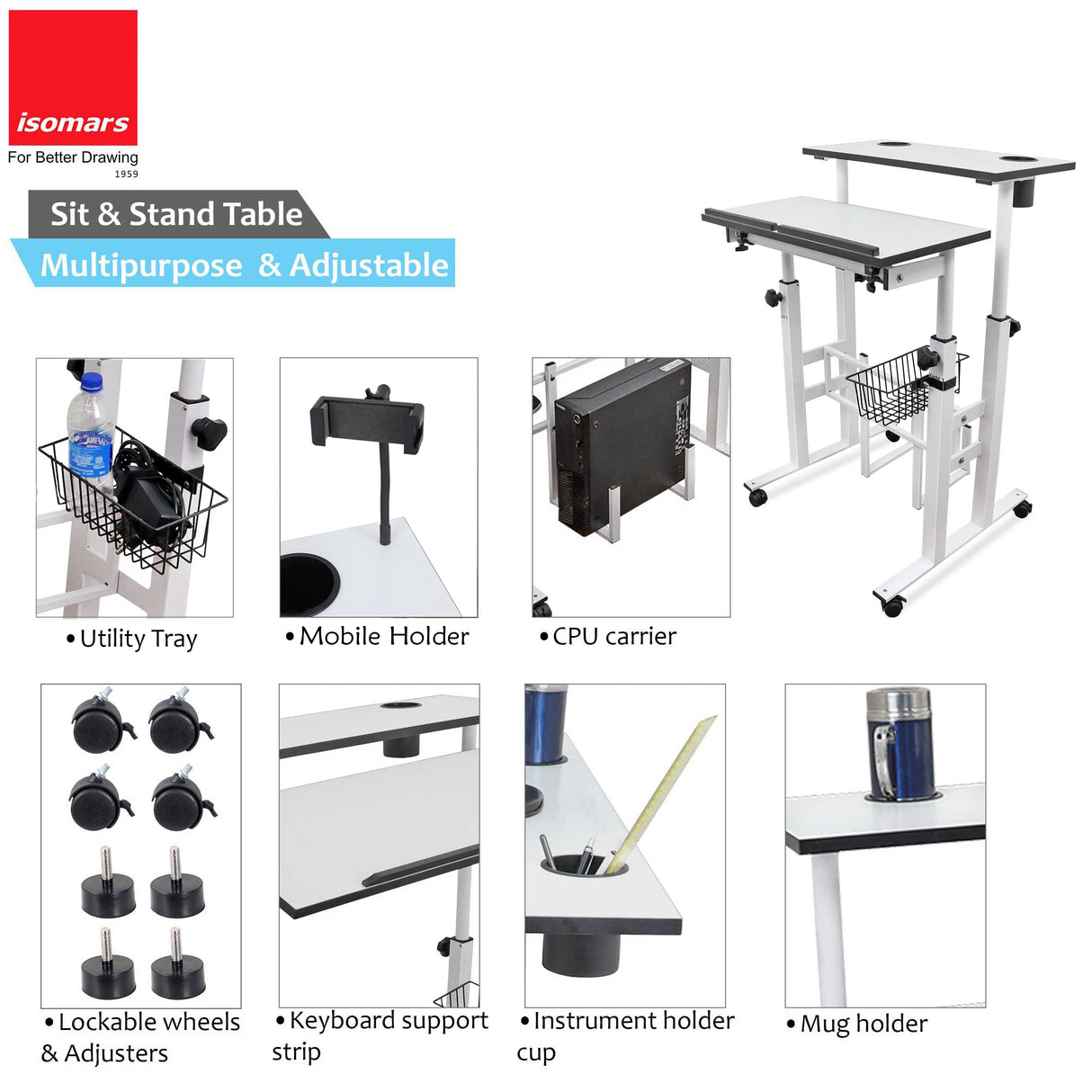 Isomars 24"/61cm Wide Made In India Desktop & Laptop Multipurpose Adjustable Table & Computer Workstation - Useful for Using Gadgets Like Desktop, Laptop, Tab/iPad etc (White)