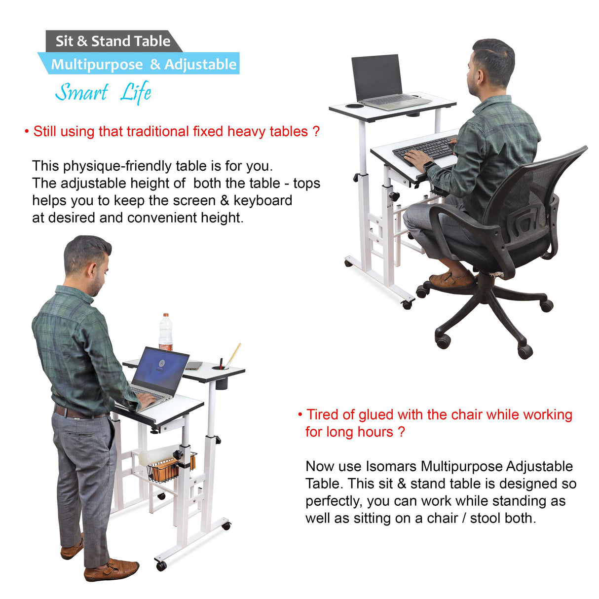 Isomars 24"/61cm Wide Made In India Desktop & Laptop Multipurpose Adjustable Table & Computer Workstation - Useful for Using Gadgets Like Desktop, Laptop, Tab/iPad etc (White)