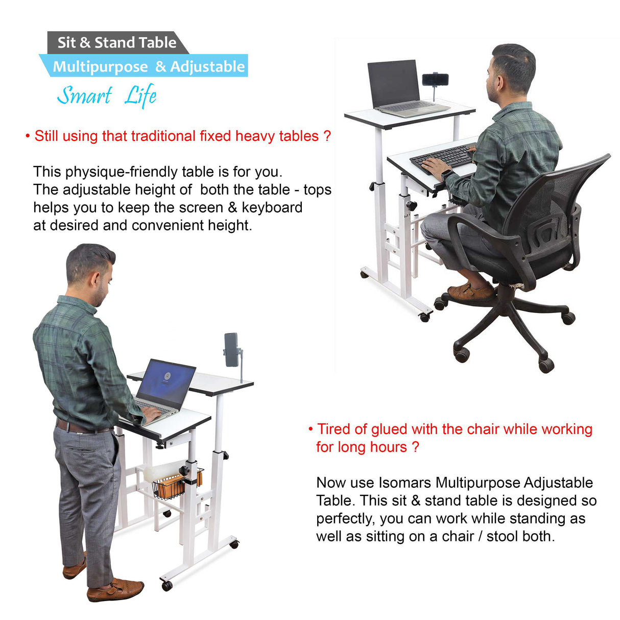 Isomars 24"/61cm Wide Made In India Desktop & Laptop Multipurpose Adjustable Table & Computer Workstation - Useful for Using Gadgets Like Desktop, Laptop, Tab/iPad etc (White)