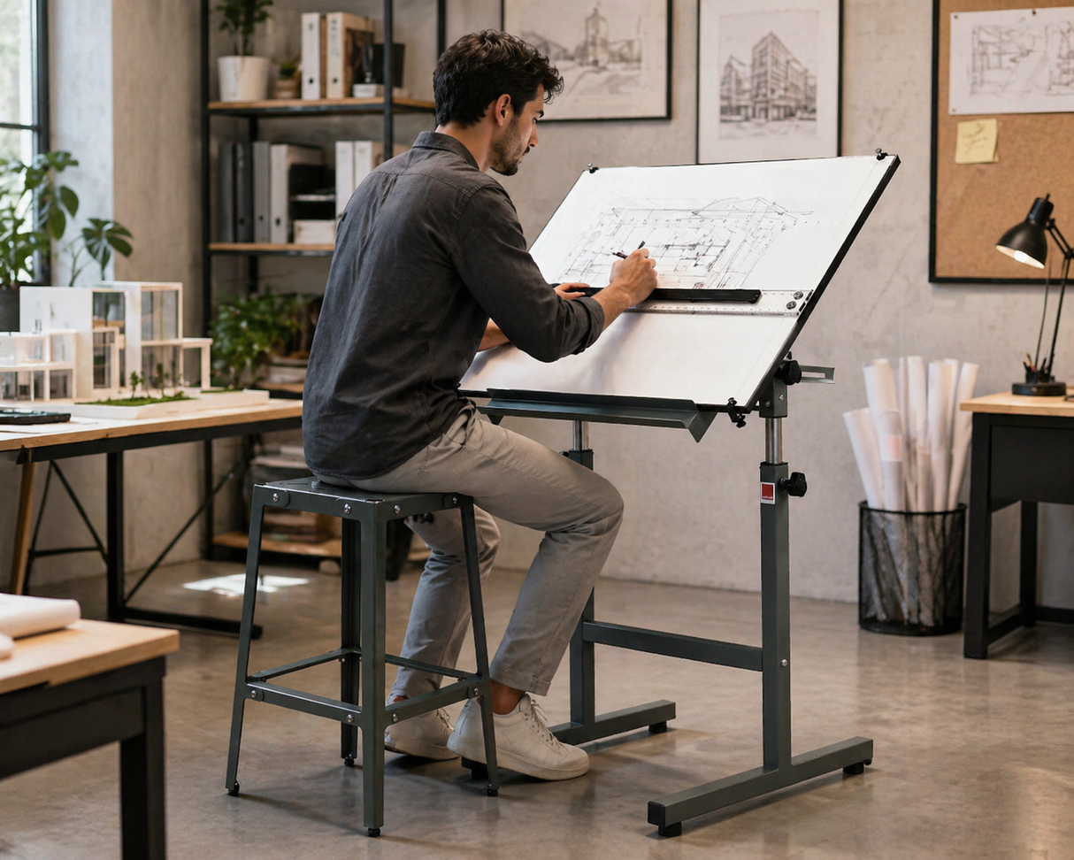 Isomars Olive Green Drawing Board Table - Scholar A1 White Laminated Board 25.5"x35" with Parallel Ruler and Drafting Olive Green Metal Stool Set | Complete Engineer, Draughtsman, Architects Set