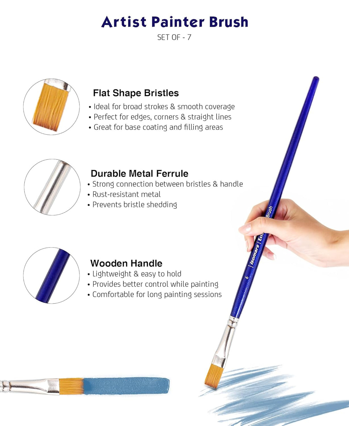Isomars Estudio Painter’s Art Brush Set of 7 | Professional Teklon Synthetic Long Handle Artist Brushes for Acrylic, Watercolor, Oil & Gouache Painting | Fan, Filbert, Dagger, Flat, Round, Angular & Deer Foot Brushes
