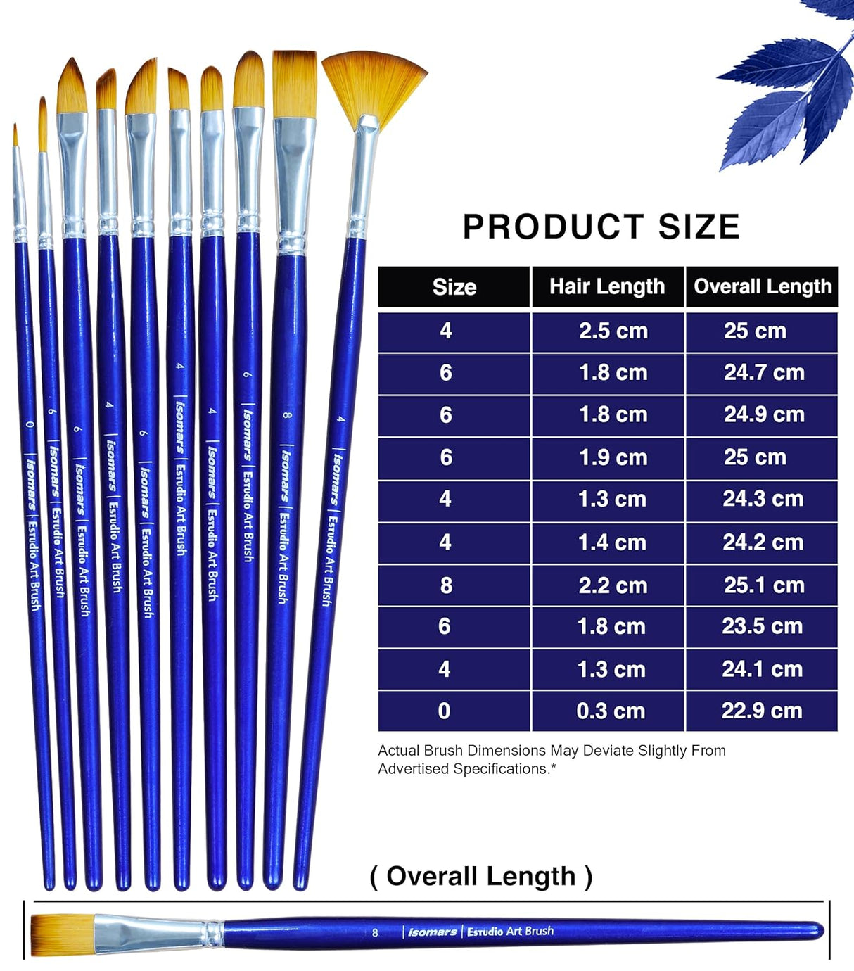 Isomars Estudio Professional Paint Brush Set of 10 | Premium Synthetic Long Handle Artist Brushes Kit for Acrylic, Watercolor, Oil & Gouache Painting | Mixed Flat, Round, Filbert, Fan, Angular, Detail Brushes
