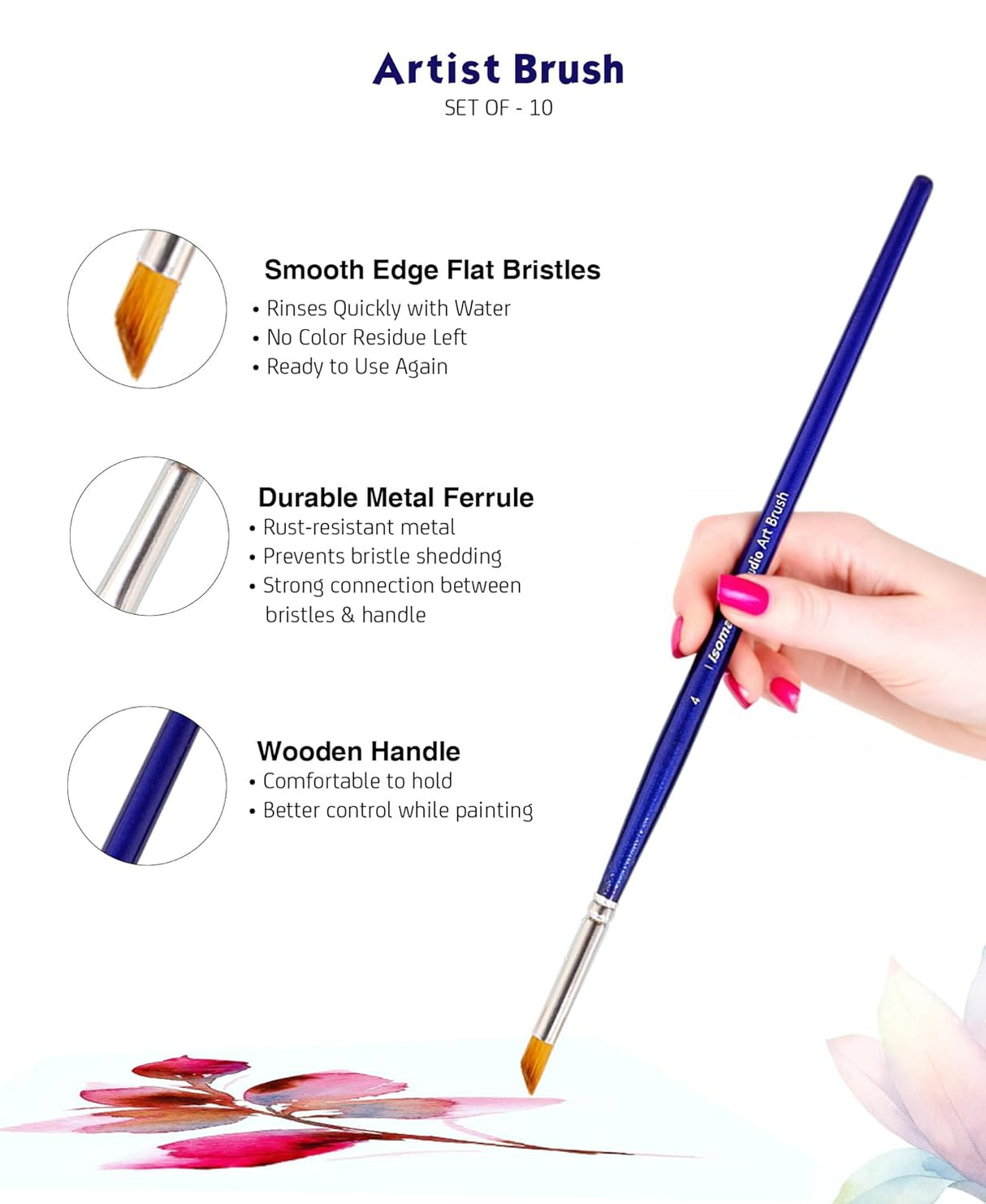 Isomars Estudio Professional Paint Brush Set of 10 | Premium Synthetic Long Handle Artist Brushes Kit for Acrylic, Watercolor, Oil & Gouache Painting | Mixed Flat, Round, Filbert, Fan, Angular, Detail Brushes