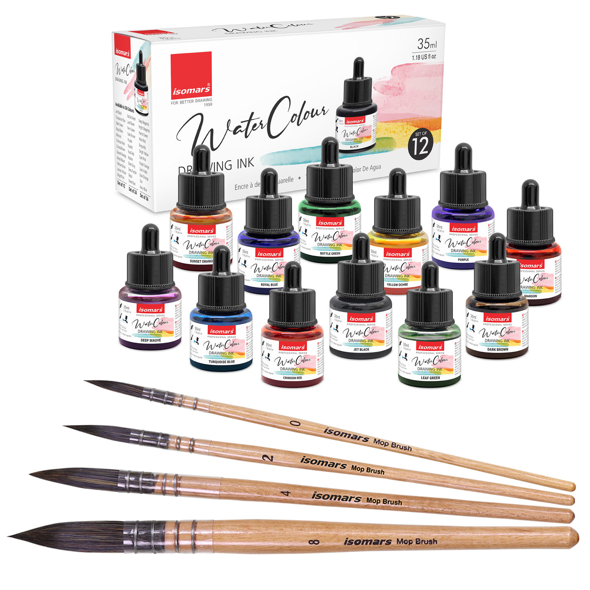 Isomars Watercolour Drawing Ink Set of 12 (35ml Each) with Mop Brush Set of 4 | Vibrant Liquid Watercolor Inks for Calligraphy, Illustration, Airbrush, Painting & Mixed Media Art