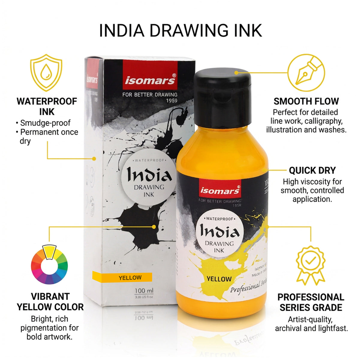 India Waterproof Drawing Ink Yellow 100ml | Permanent Lightfast Artist Ink for Calligraphy, Airbrush, Illustration & Fabric Painting