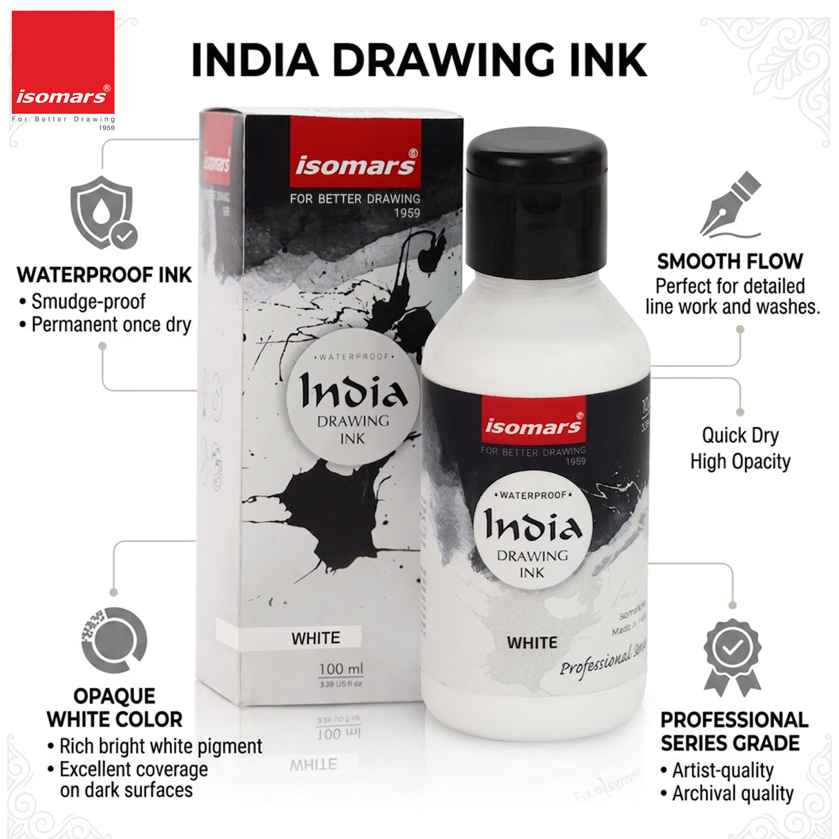 India Waterproof Drawing Ink White 100ml | Permanent Lightfast Artist Ink for Calligraphy, Airbrush, Illustration & Fabric Painting