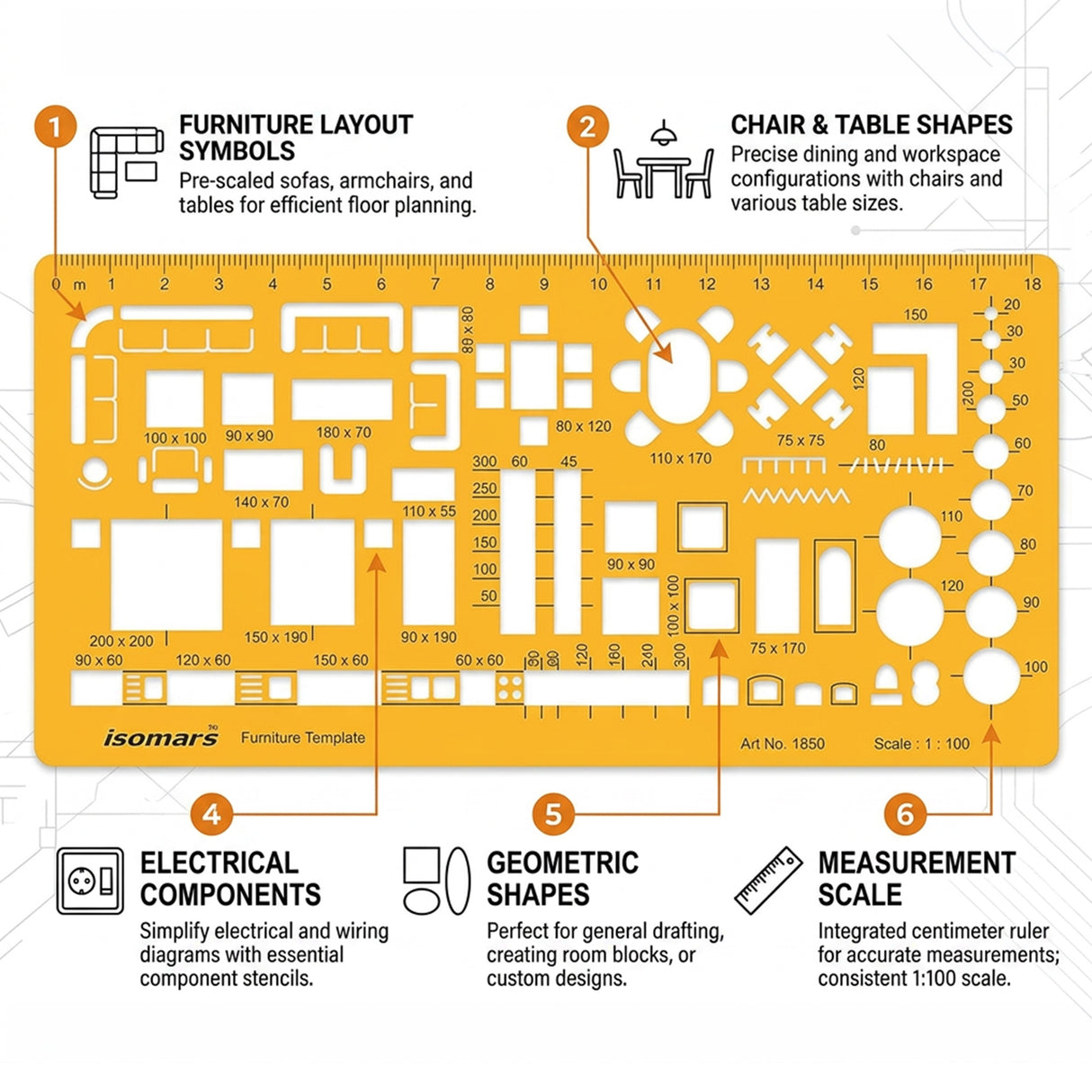 Isomars Designing Templates Combo Set of 8 | Engineering, Architecture & Interior Design Drafting Stencil Kit with General Purpose Template, Furniture, Electrical & Geometric Templates for Drawing & Drafting