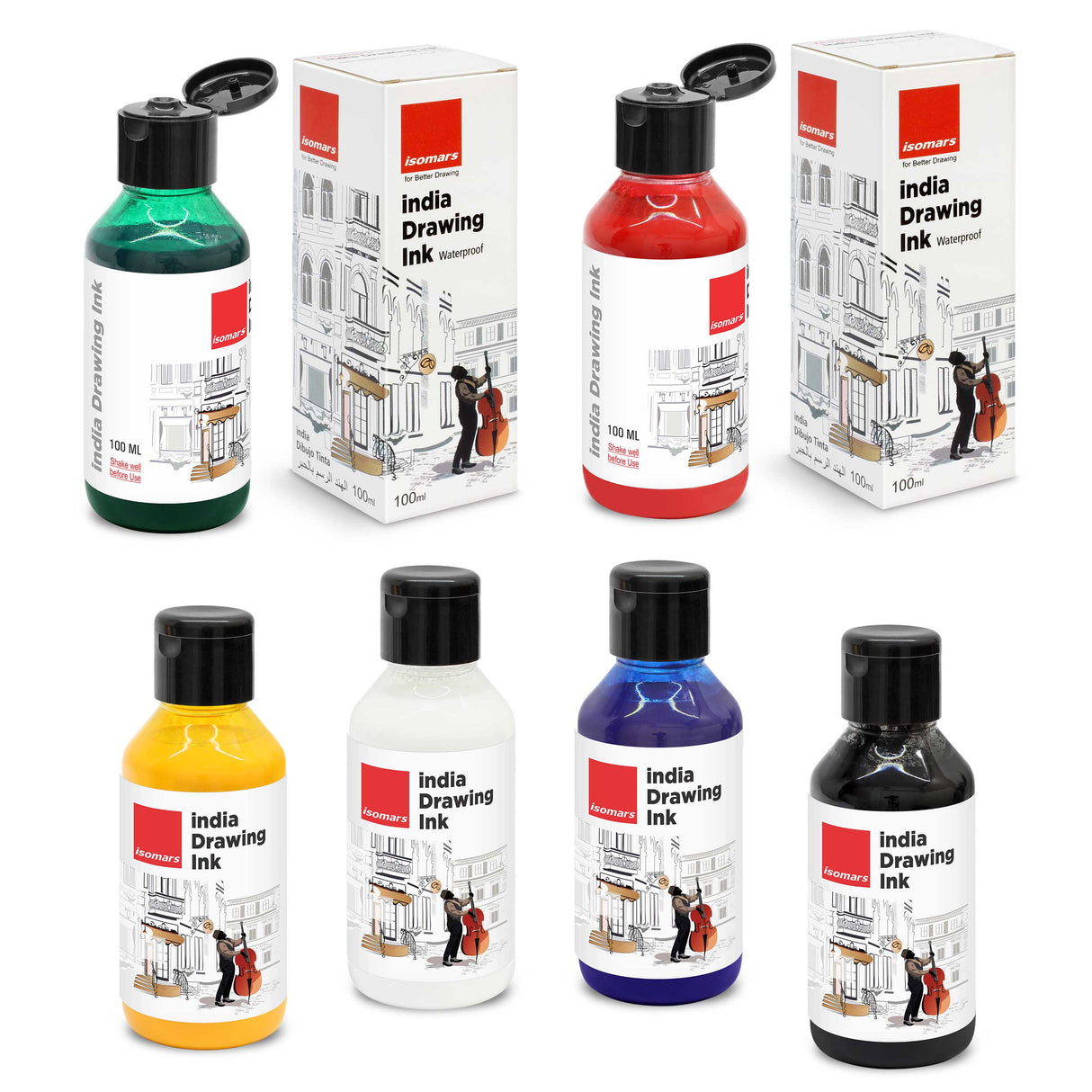 Isomars India Drawing Ink, 100ml x 6 Colours, Waterproof, Fadeproof, Non-Toxic, Professional Art Supplies