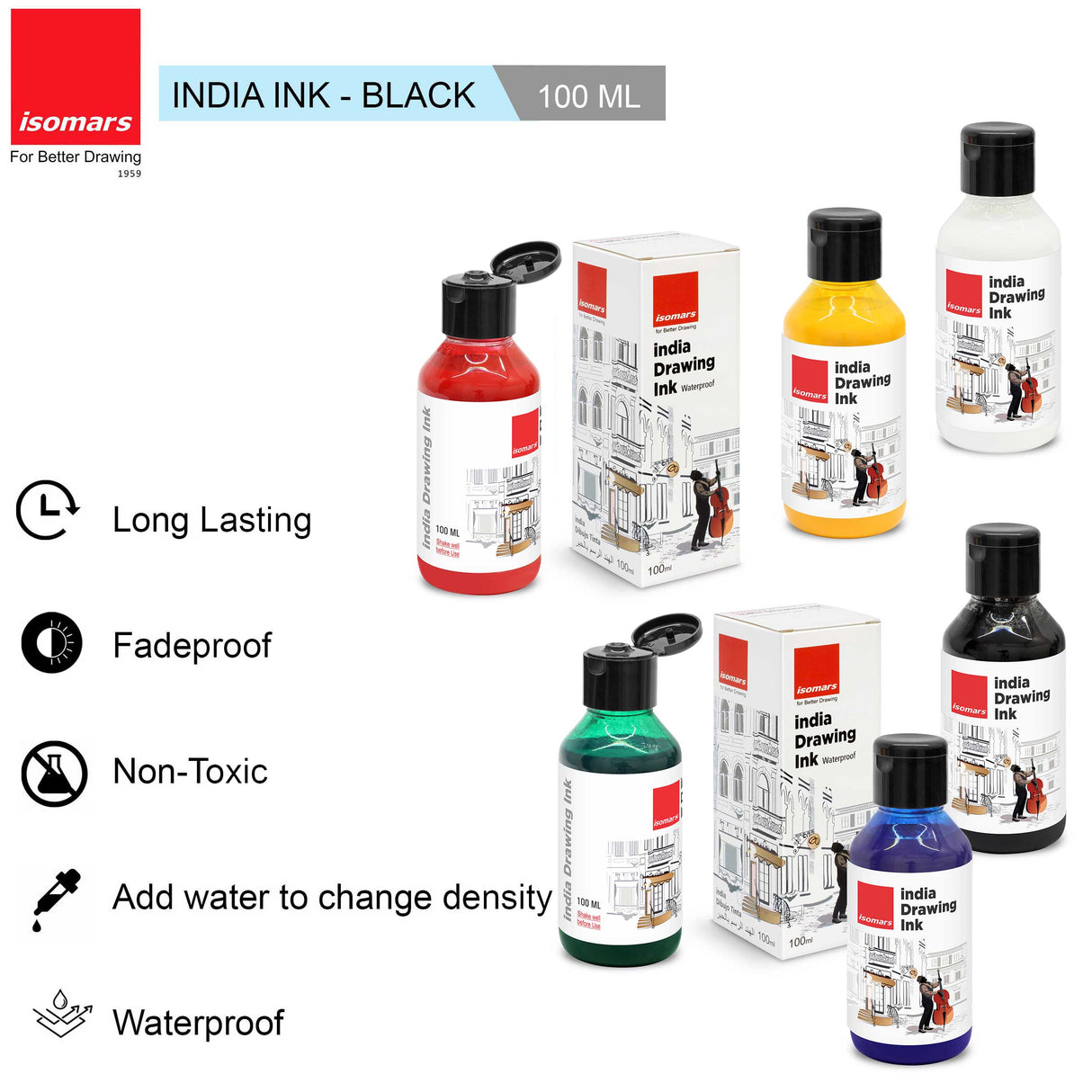 Isomars India Drawing Ink, 100ml x 6 Colours, Waterproof, Fadeproof, Non-Toxic, Professional Art Supplies