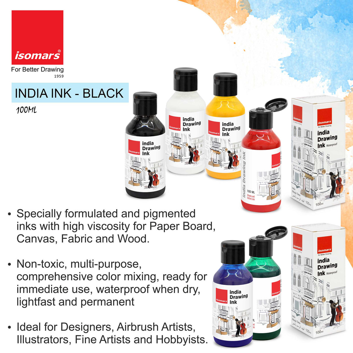 Isomars India Drawing Ink, 100ml x 6 Colours, Waterproof, Fadeproof, Non-Toxic, Professional Art Supplies