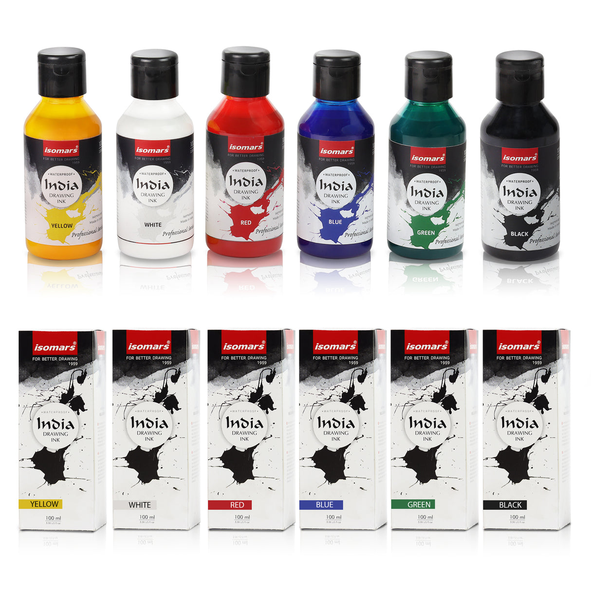 Isomars India Waterproof Drawing Ink, 100ml x 6 Colours, Fadeproof, Non-Toxic, Professional Art Supplies