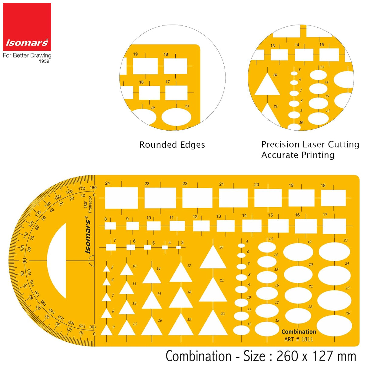 Isomars Combination Geometric Template with Protractor | Multi-Shape Drafting Stencil with Rectangles, Triangles, Ovals & Angle Scale | Drawing Tool for Architects, Engineers, Designers & Students - Isomars
