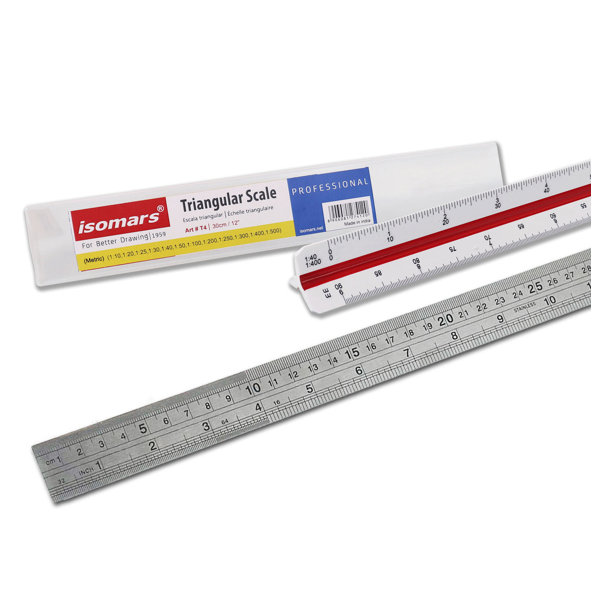 Isomars Triangular Scale 12 Inch with Stainless Steel Measuring Ruler 12 Inch Combo Set | Architect & Engineering Drafting Ruler | Multi-Scale Metric Drawing Tool for Students & Professionals