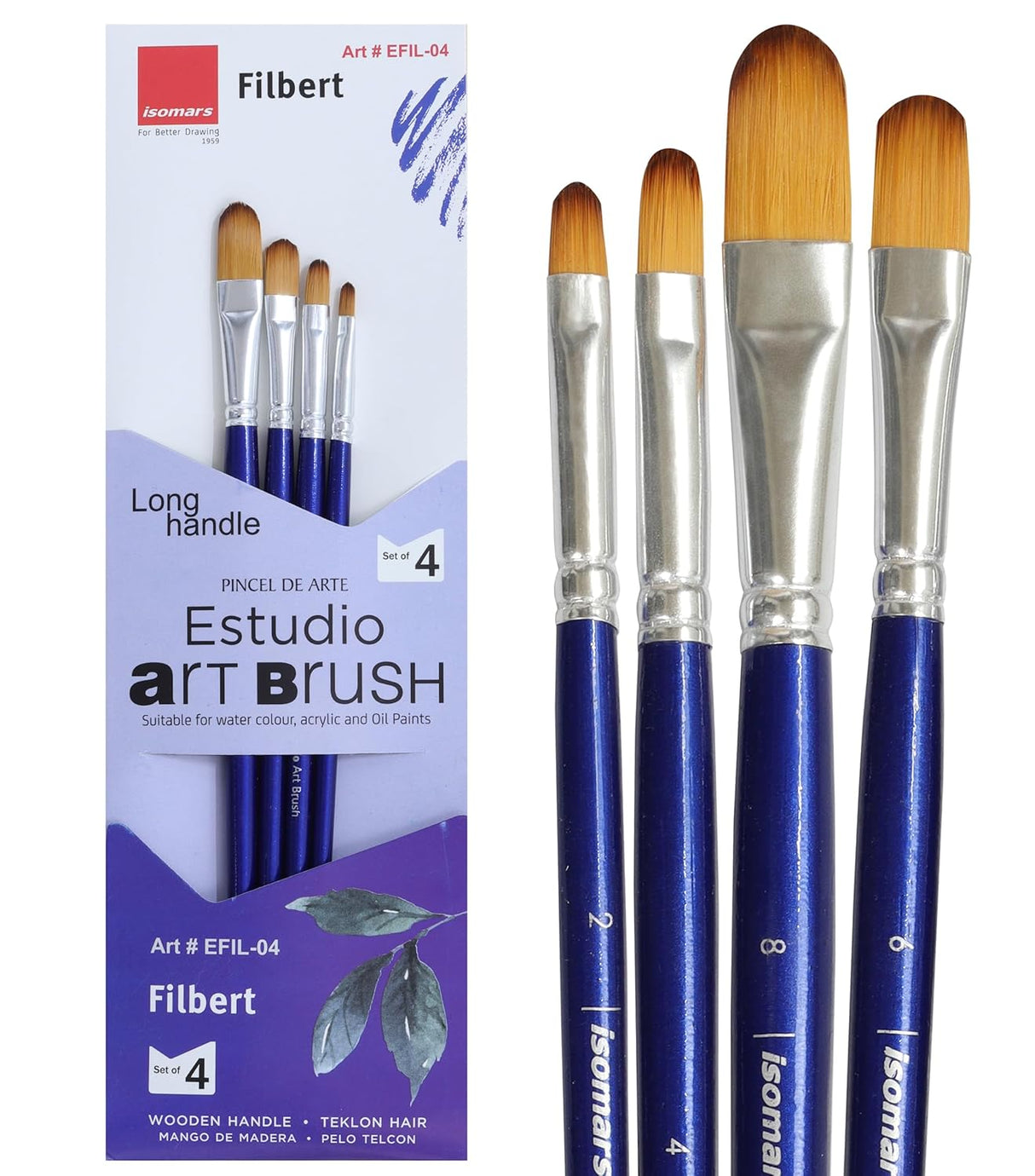 Isomars Estudio Filbert Paint Brush Set of 4 Professional Synthetic Long Handle Artist Brushes