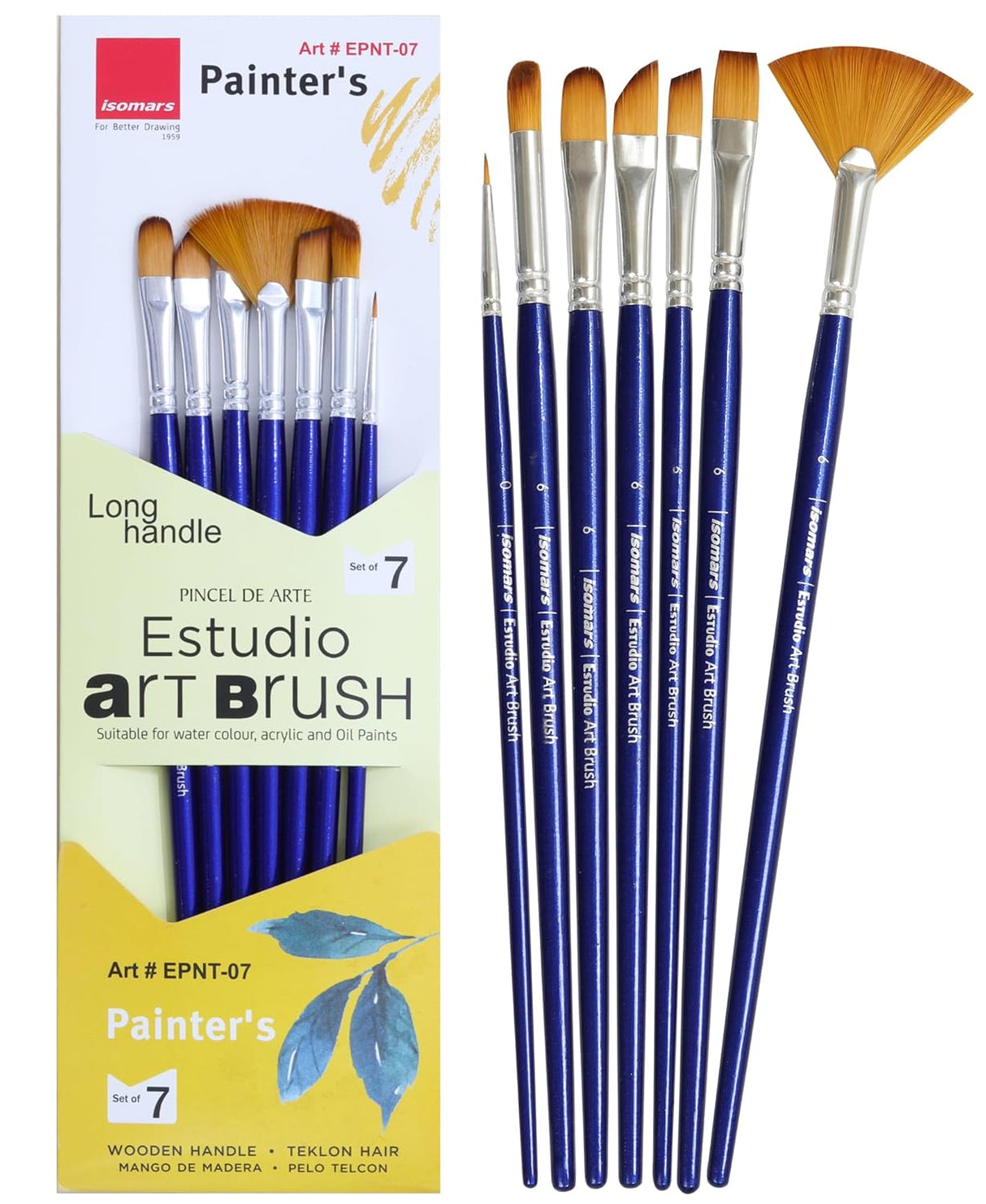 Isomars Estudio Painter’s Art Brush Set of 7 Professional Teklon Synthetic Long Handle Brushes