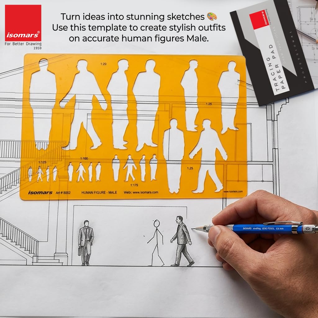 Isomars Human Figure Male & Female Template Combo, Multi Scale Architectural People Stencil Set with 40 Human Silhouettes in 1:20, 1:25, 1:100, 1:125 & 1:175 for Architecture, Interior Design, Urban Planning & Blueprint Rendering