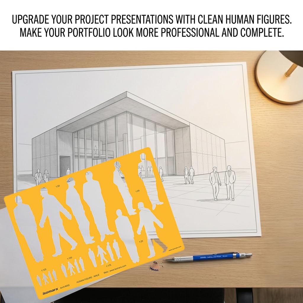 Isomars Human Figure Male & Female Template Combo, Multi Scale Architectural People Stencil Set with 40 Human Silhouettes in 1:20, 1:25, 1:100, 1:125 & 1:175 for Architecture, Interior Design, Urban Planning & Blueprint Rendering