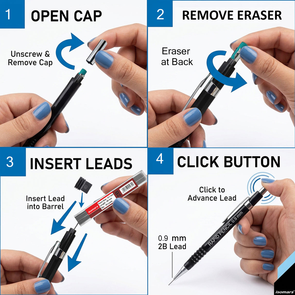 Isomars 0.9mm Mechanical Pencil with 10 Extra 2B Leads & Eraser | Rapid Drafting Pencil for Drawing, Sketching, Writing & Technical Drafting | For Students, Artists & Professionals