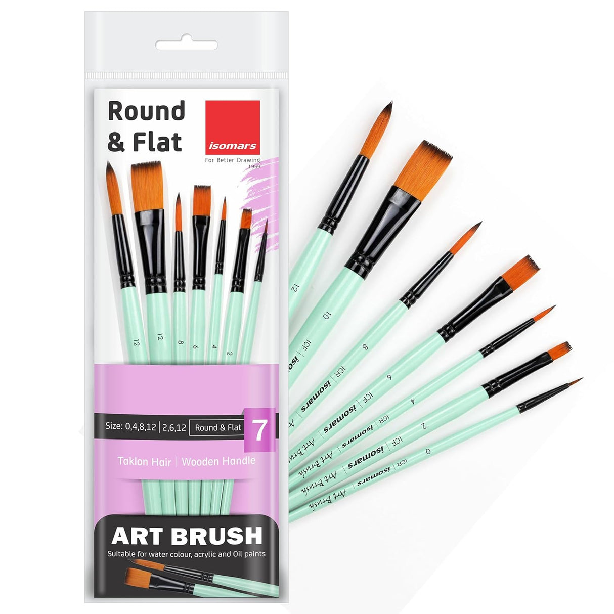 Isomars Paint Brushes Set of 7 Mixed Round and Flat Synthetic Artist Brushes