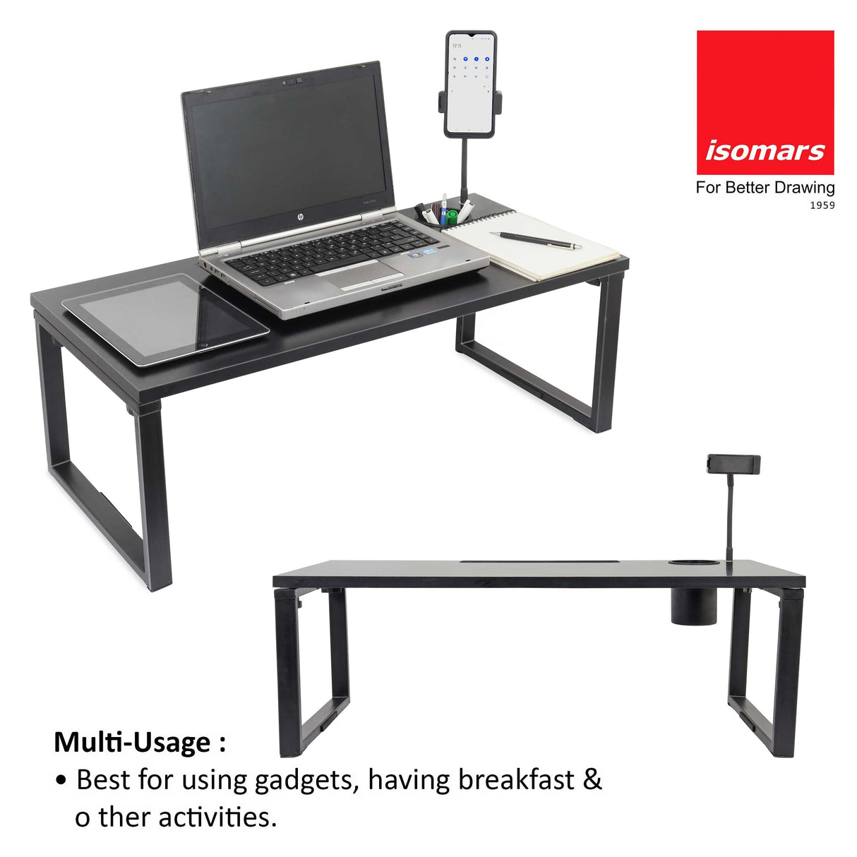 Isomars Bed Desk/Floor Desk with Mobile Holder 76cm x 35.5cm (30" x 14") Laptop Study Table for Work from Home, Online Classes, Card Games and Kid's Activities (Black)