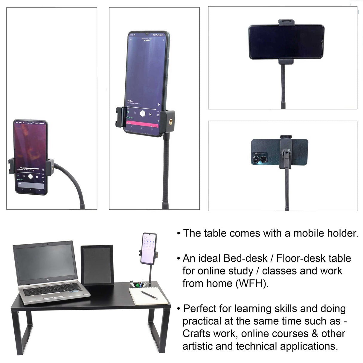 Isomars Bed Desk/Floor Desk with Mobile Holder 76cm x 35.5cm (30" x 14") Laptop Study Table for Work from Home, Online Classes, Card Games and Kid's Activities (Black)