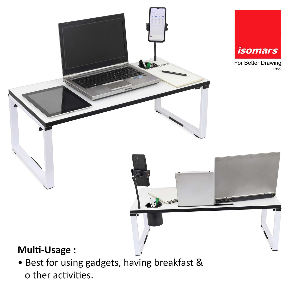 Isomars Bed Desk/Floor Desk with Mobile Holder 76cm x 35.5cm (30" x 14") Laptop Study Table for Work from Home, Online Classes, Card Games and Kid's Activities (White)