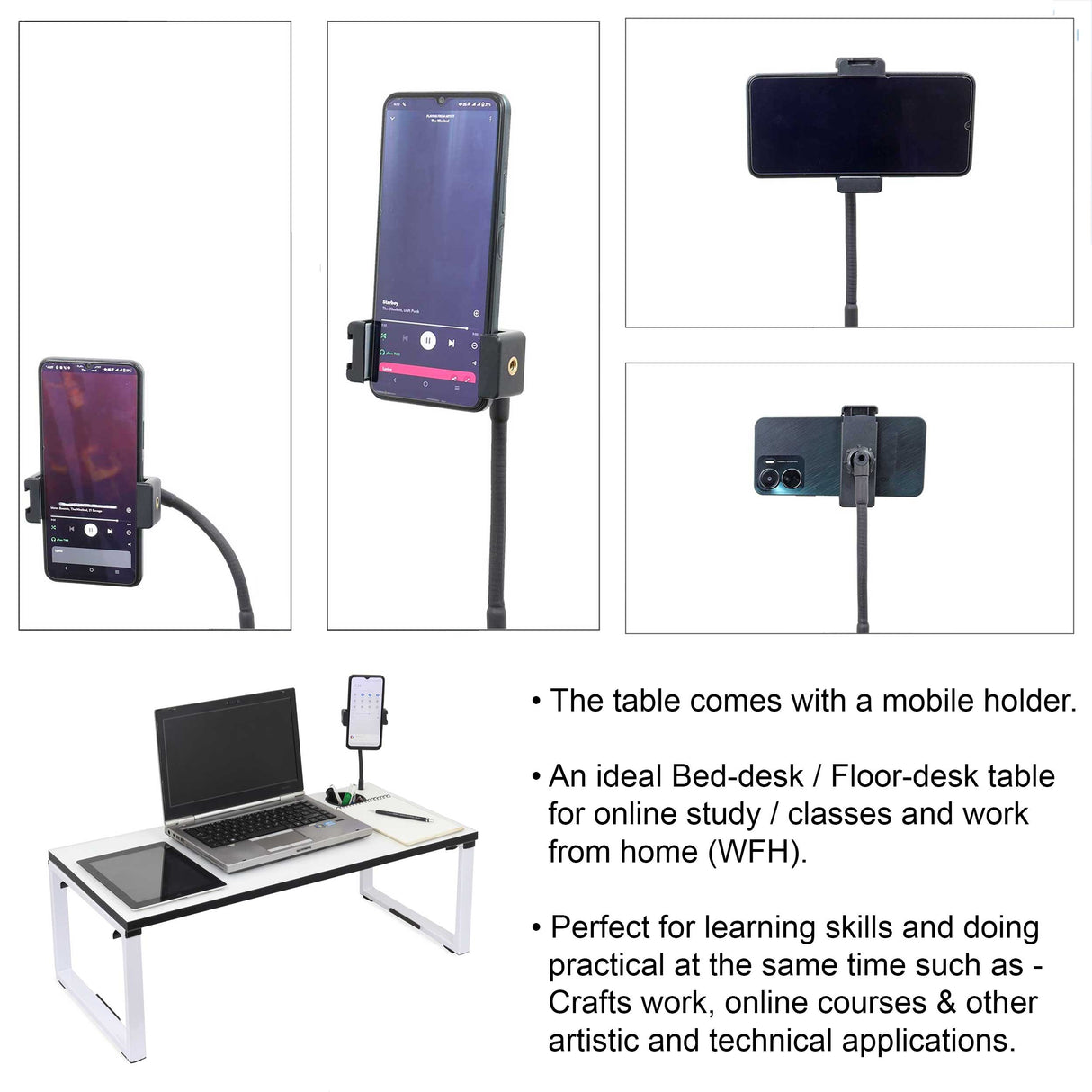 Isomars Bed Desk/Floor Desk with Mobile Holder 76cm x 35.5cm (30" x 14") Laptop Study Table for Work from Home, Online Classes, Card Games and Kid's Activities (White)