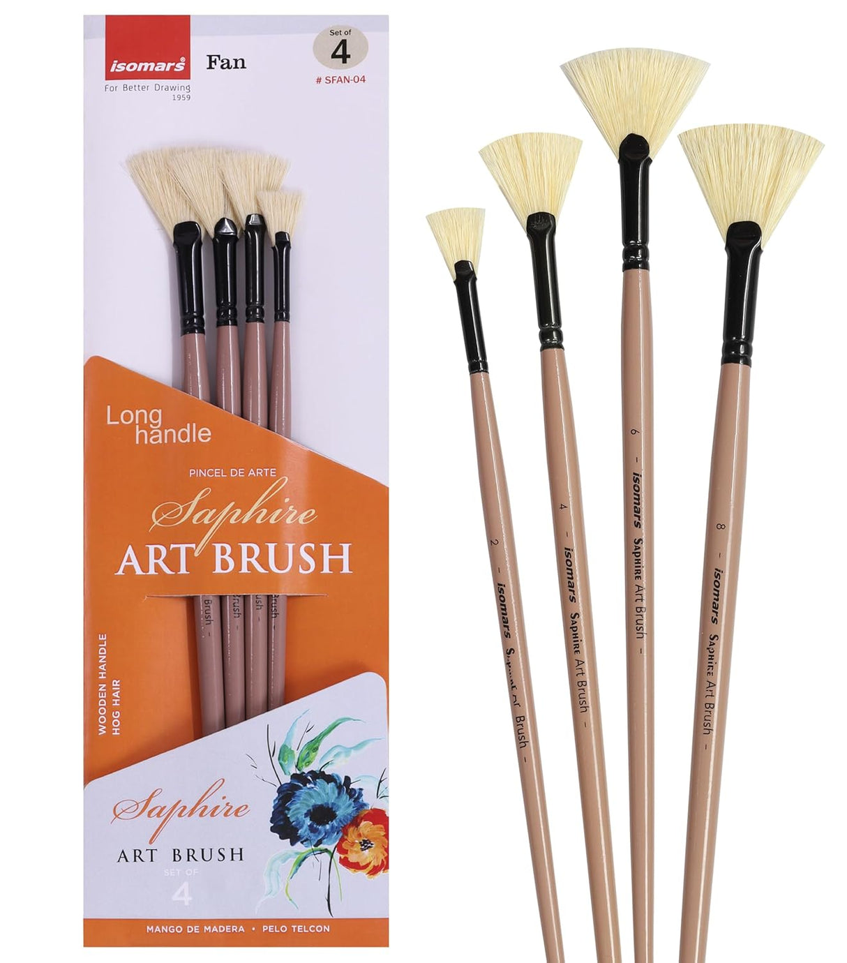 Saphire Fan Paint Brush Set of 4 | Professional Taklon Synthetic Long Handle Artist Brushes for Blending, Texture, Foliage & Cloud Effects | Acrylic, Watercolor, Oil, Gouache & Craft Painting