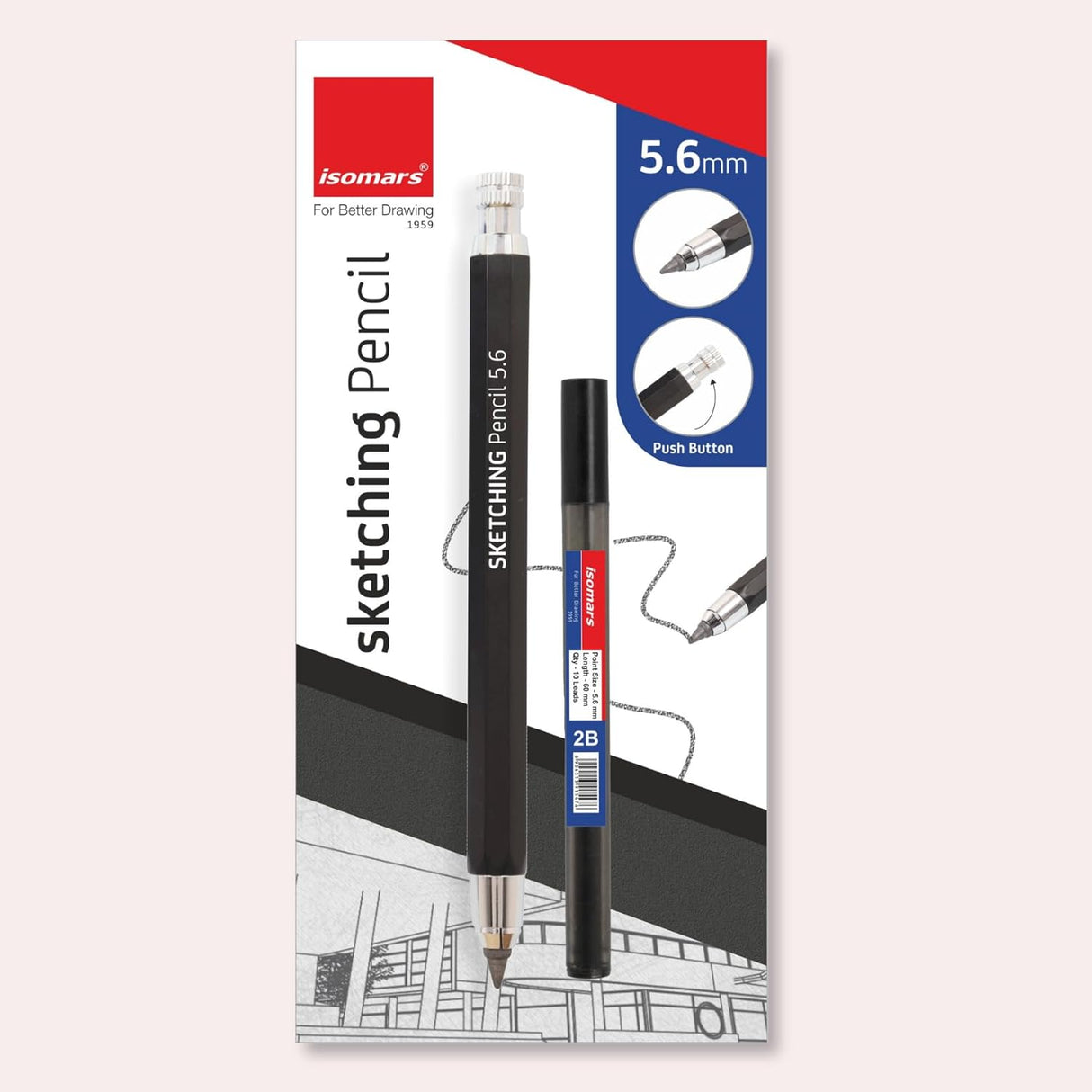 Isomars Sketching Pencil 5.6MM with 2B Thick Lead Refill, Push Button Clutch Pencil for Drawing, Shading, Drafting, Architectural Sketching, Technical Illustration, Artist Graphite Holder