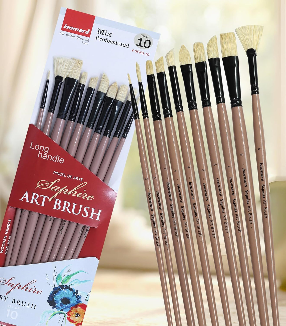 Saphire Professional Paint Brush Set of 10 | Mixed Long Handle Hog Hair Artist Brushes for Acrylic & Oil Painting | Filbert, Fan, Angular, Flat, Round, Deer Foot, Dagger, Cat’s Tongue Canvas Brush Set