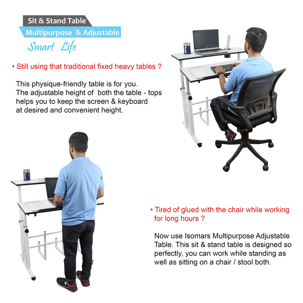 Isomars Sit/Stand Multipurpose Adjustable Table Professional Computer Workstation Extra Long Table top Dedicated Space for CPU Comes with Wheels & Floor Adjusters(36" X 12"/92cm X 30CM Wide White)