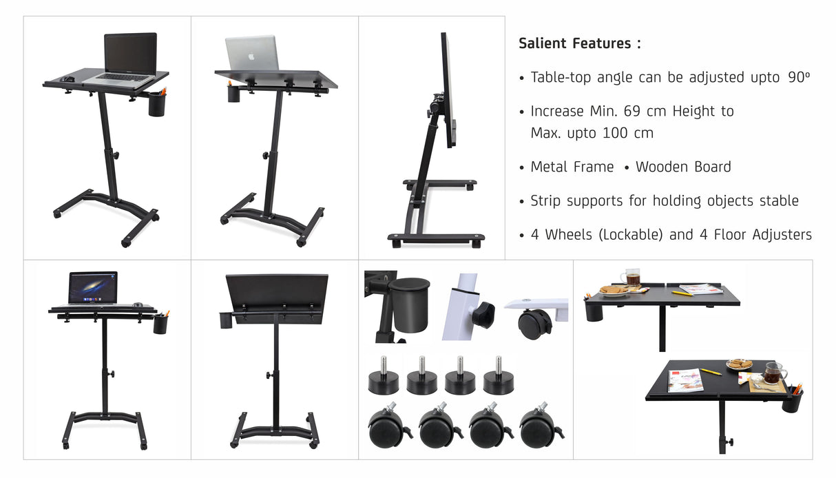 Isomars Metal Multipurpose Laptop Table Study Desk, Caster Lockable Wheels, & Height Adjustable For Breakfast Table, Work From Home & Online Classes (Black)