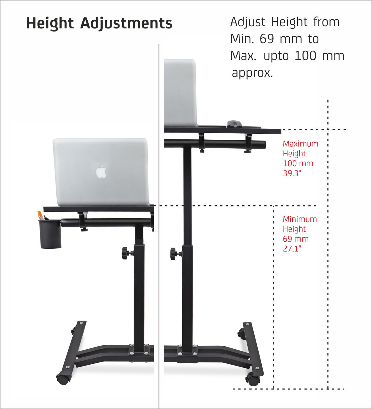 Isomars Metal Multipurpose Laptop Table Study Desk, Caster Lockable Wheels, & Height Adjustable For Breakfast Table, Work From Home & Online Classes (Black)