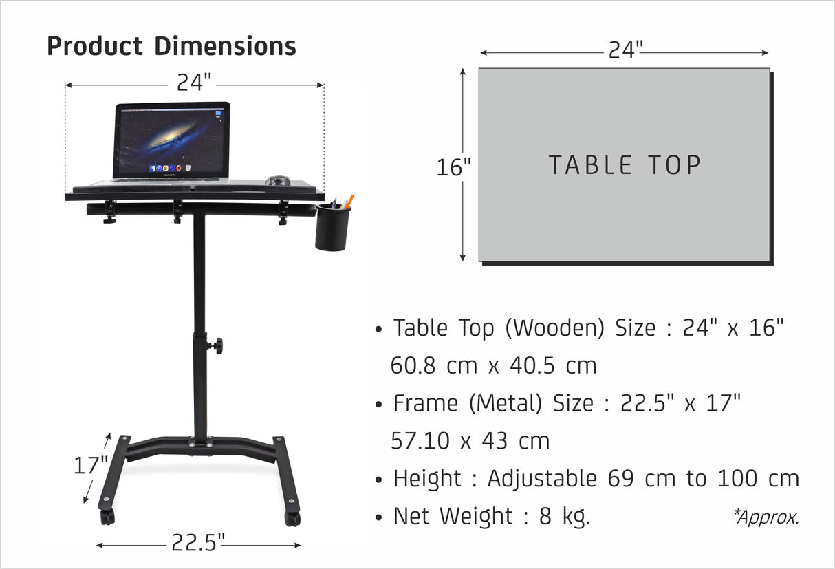 Isomars Metal Multipurpose Laptop Table Study Desk, Caster Lockable Wheels, & Height Adjustable For Breakfast Table, Work From Home & Online Classes (Black)