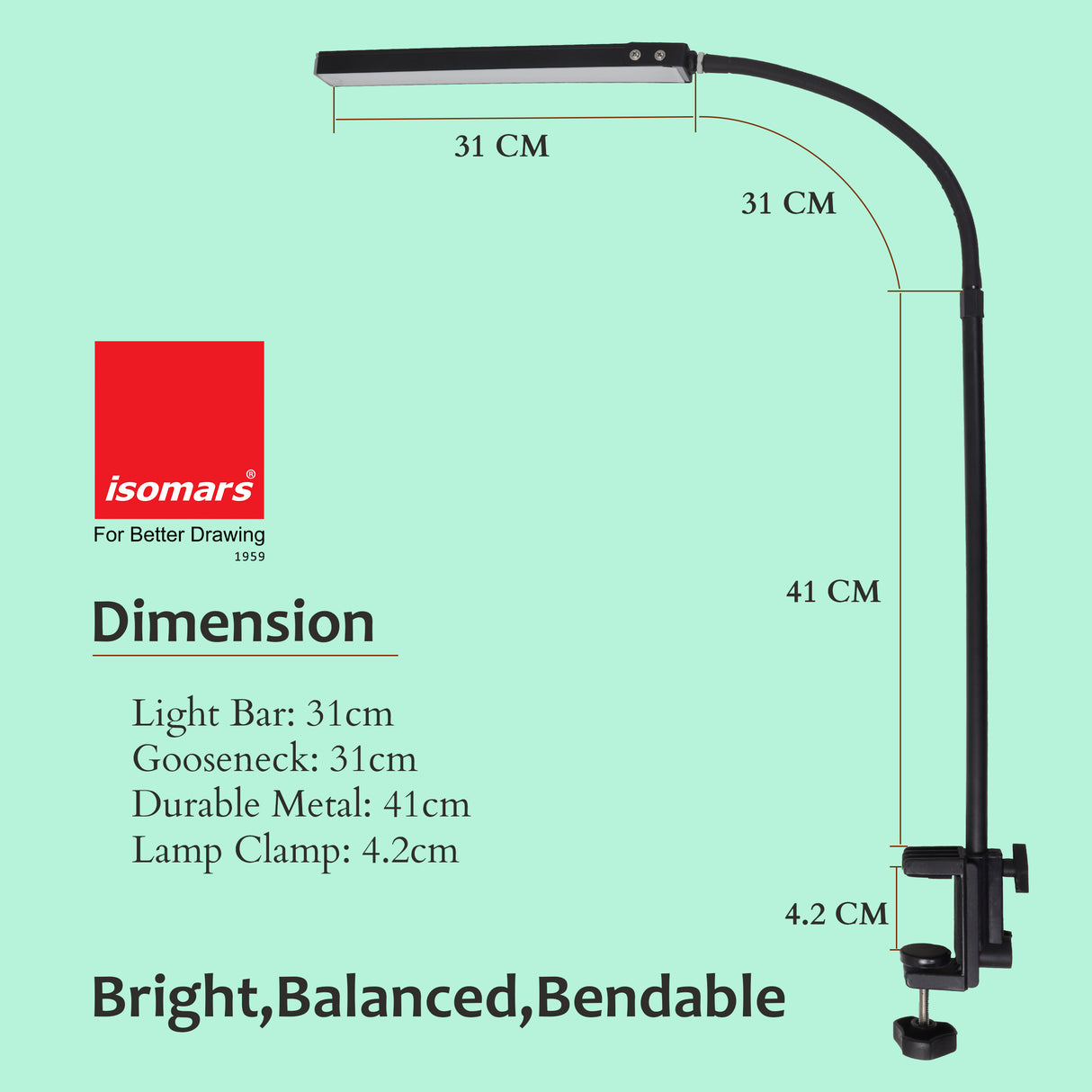 Isomars Desktop Table lamp, Overhead LED Desk Lamp Light, Table Holding clamp, Study, Computer lamp, 12" Light bar Flexible Gooseneck, 3 Color Mode, for Desktop, Bedroom, Office, Reading, etc