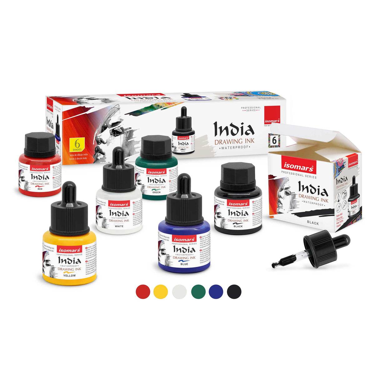 Isomars Waterproof Drawing Ink Set of 6 – 35ml Each (with Dropper) | Suitable for Calligraphy, Art, Technical Drawing, Airbrush Art, Illustration | Fade-Resistant & Quick-Drying