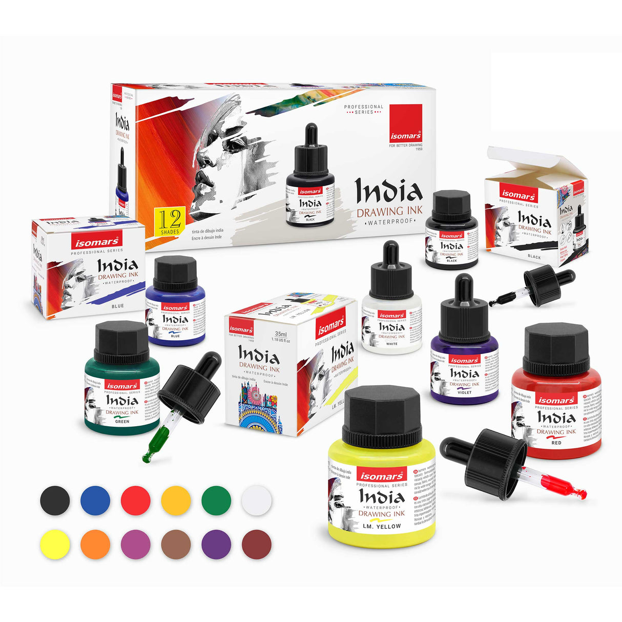Isomars Waterproof Drawing Ink Set of 12 – 35ml Each (with Dropper) | Suitable for Calligraphy, Art, Technical Drawing, Airbrush Art, Illustration | Fade-Resistant & Quick-Drying